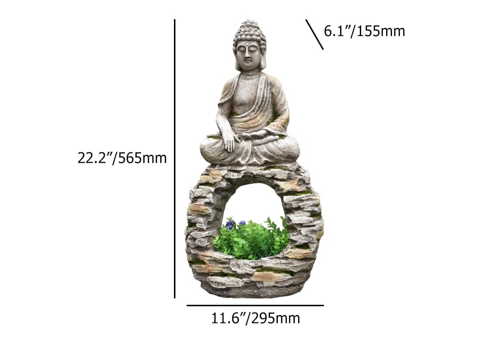 HMR - 22.2" Garden Buddha Statue Outdoor Gray Resin Sculpture Decor Art Flower Pot Planter