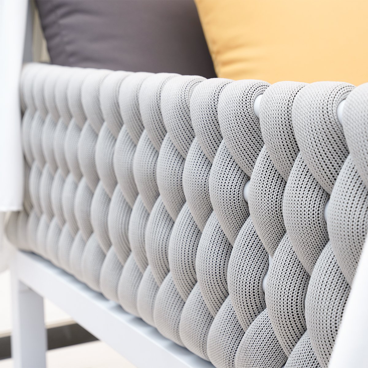 HMR - White Aluminum & Gray Woven Rope 2-Person Outdoor Patio Daybed with Canopy Curtains