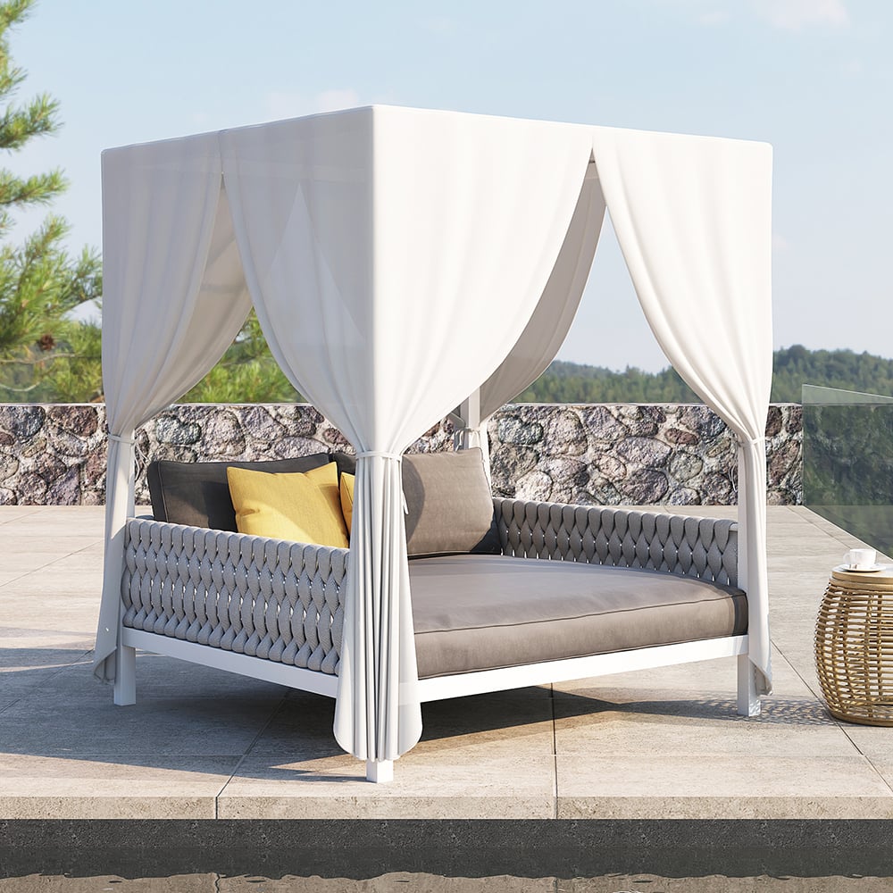 HMR - White Aluminum & Gray Woven Rope 2-Person Outdoor Patio Daybed with Canopy Curtains