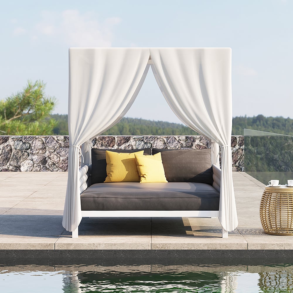 HMR - White Aluminum & Gray Woven Rope 2-Person Outdoor Patio Daybed with Canopy Curtains