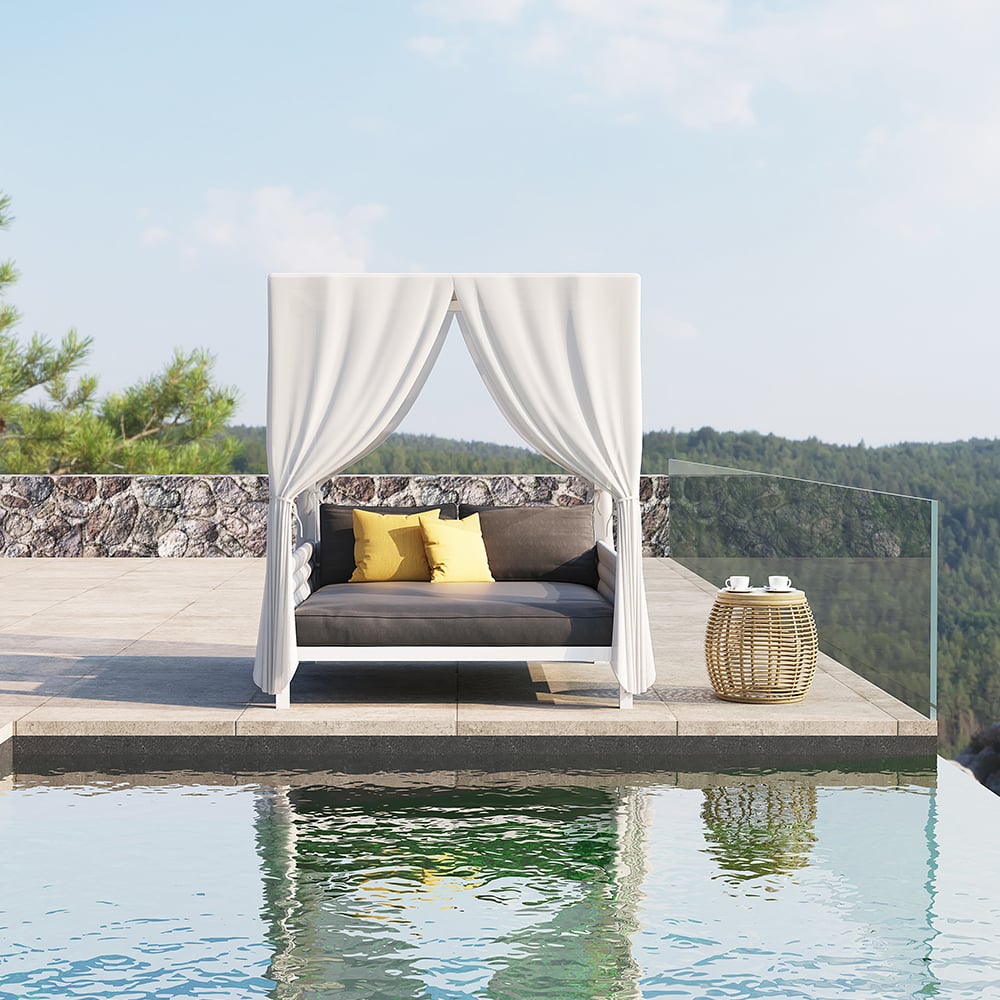 HMR - White Aluminum & Gray Woven Rope 2-Person Outdoor Patio Daybed with Canopy Curtains