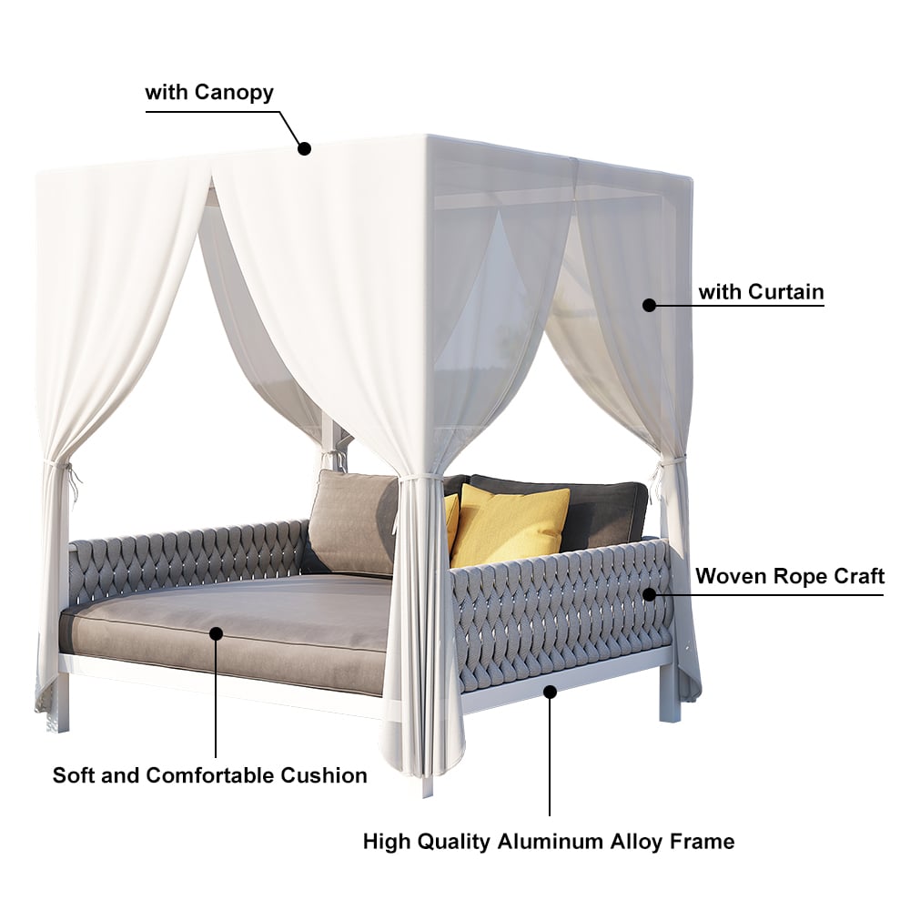 HMR - White Aluminum & Gray Woven Rope 2-Person Outdoor Patio Daybed with Canopy Curtains