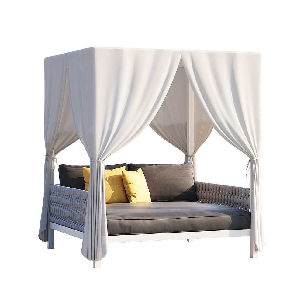 HMR - White Aluminum & Gray Woven Rope 2-Person Outdoor Patio Daybed with Canopy Curtains
