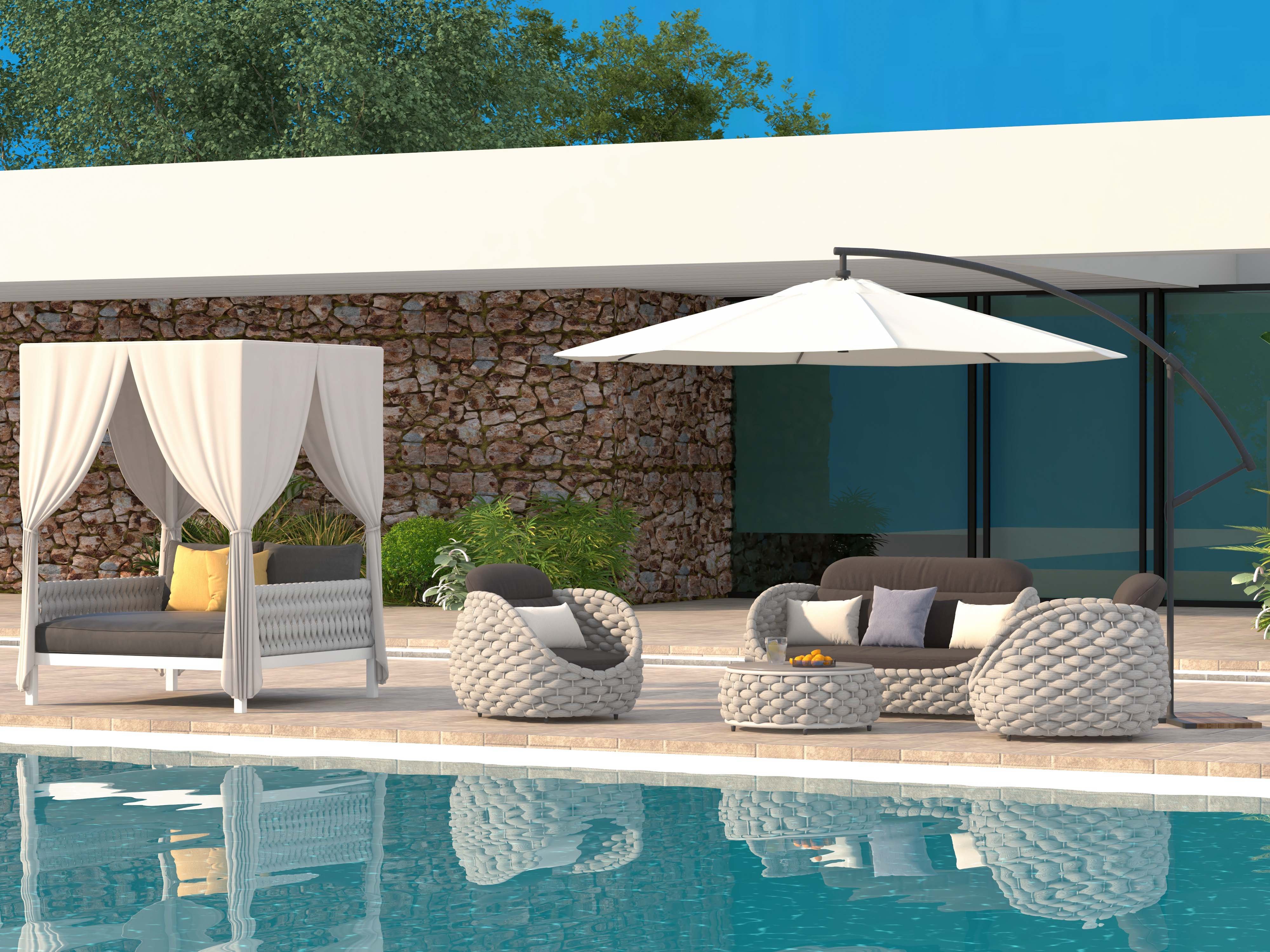 HMR - White Aluminum & Gray Woven Rope 2-Person Outdoor Patio Daybed with Canopy Curtains
