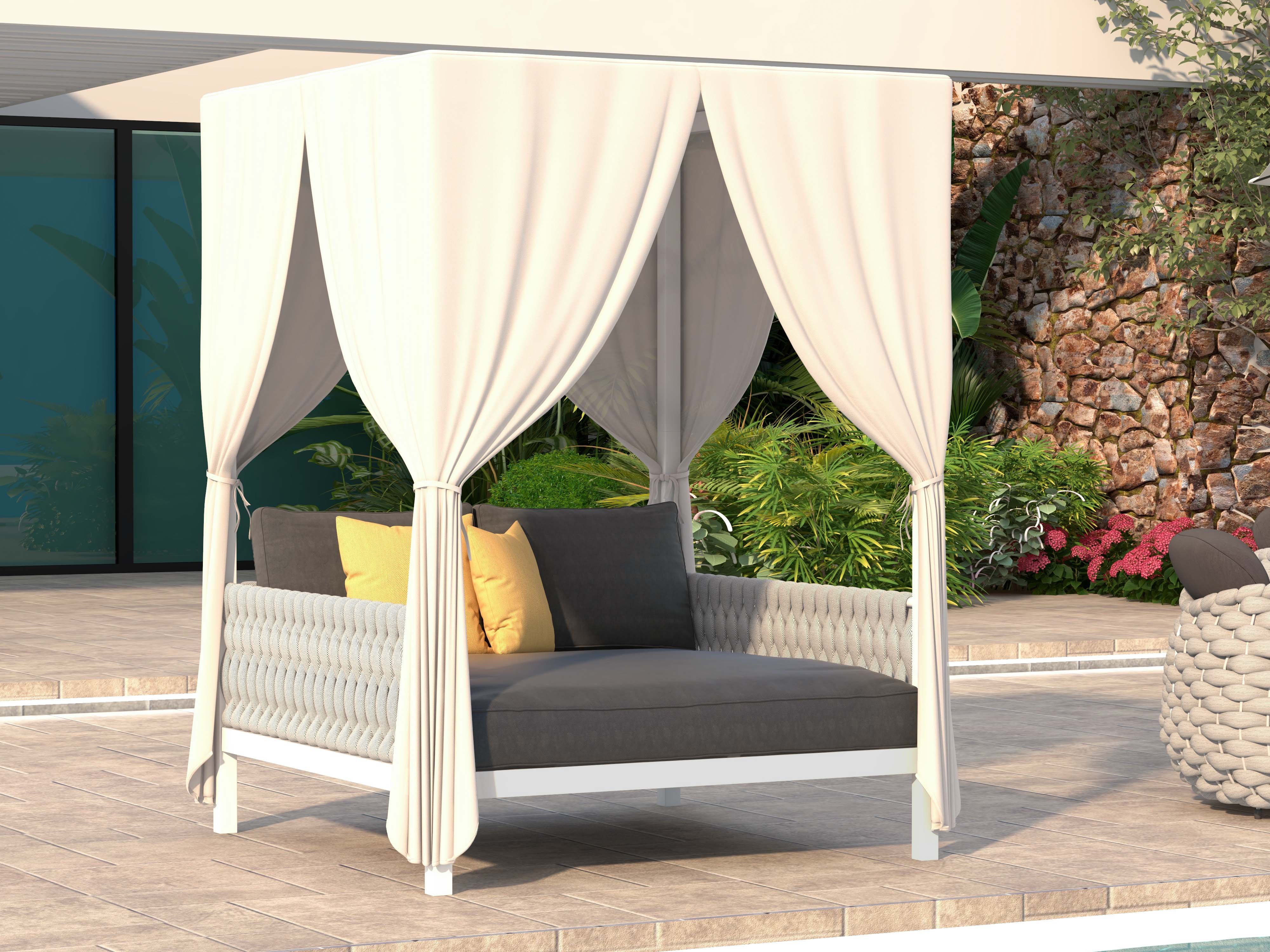 HMR - White Aluminum & Gray Woven Rope 2-Person Outdoor Patio Daybed with Canopy Curtains