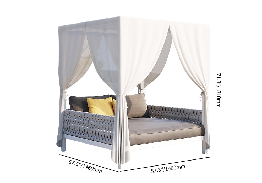 HMR - White Aluminum & Gray Woven Rope 2-Person Outdoor Patio Daybed with Canopy Curtains