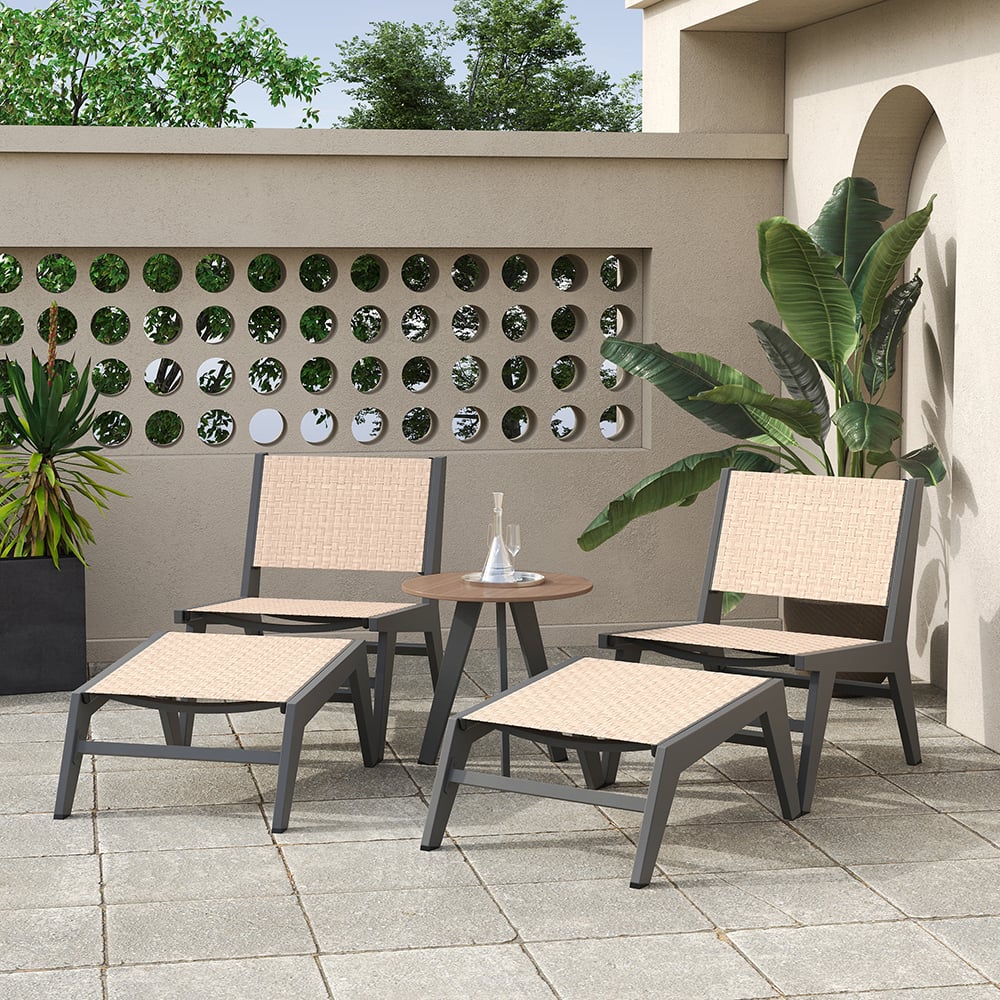 HMR - 5-Pieces Rustic Rattan Aluminum Outdoor Patio Lounge Chair Set Round Coffee Table & Stool