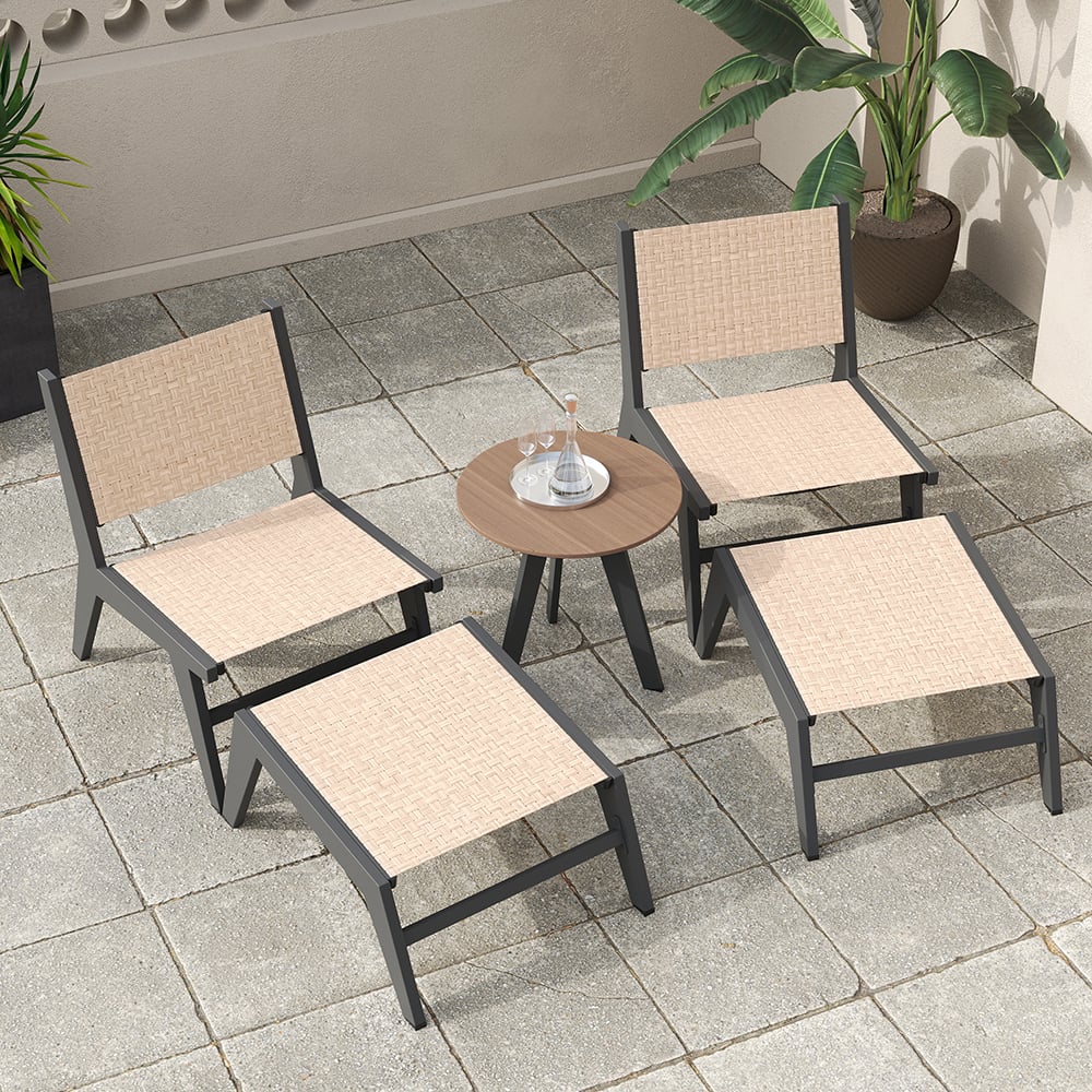 HMR - 5-Pieces Rustic Rattan Aluminum Outdoor Patio Lounge Chair Set Round Coffee Table & Stool