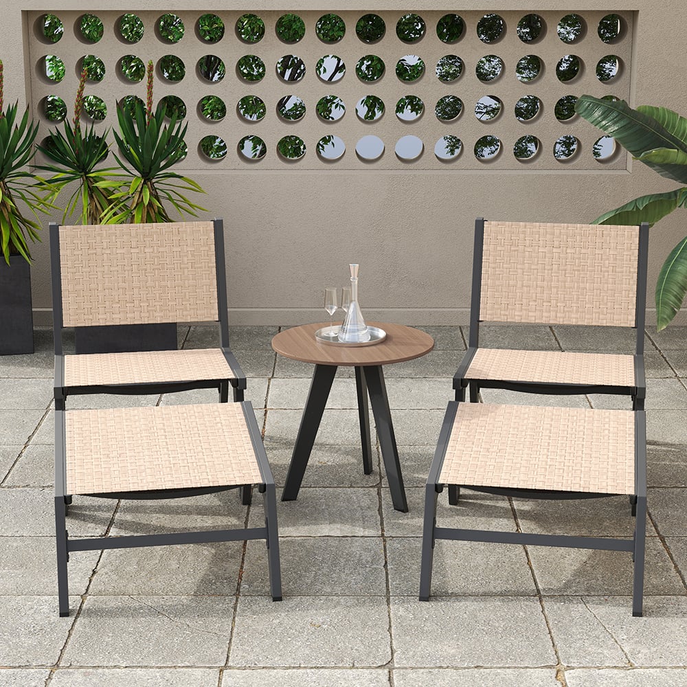 HMR - 5-Pieces Rustic Rattan Aluminum Outdoor Patio Lounge Chair Set Round Coffee Table & Stool