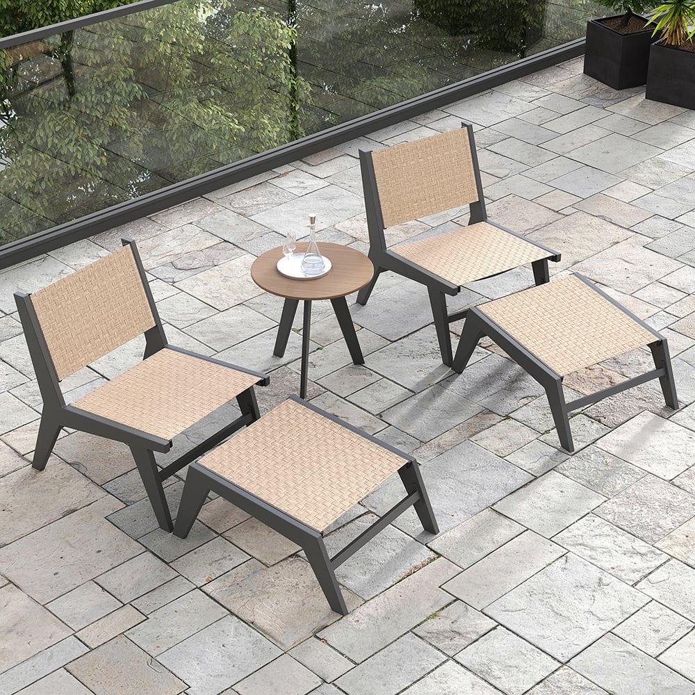HMR - 5-Pieces Rustic Rattan Aluminum Outdoor Patio Lounge Chair Set Round Coffee Table & Stool