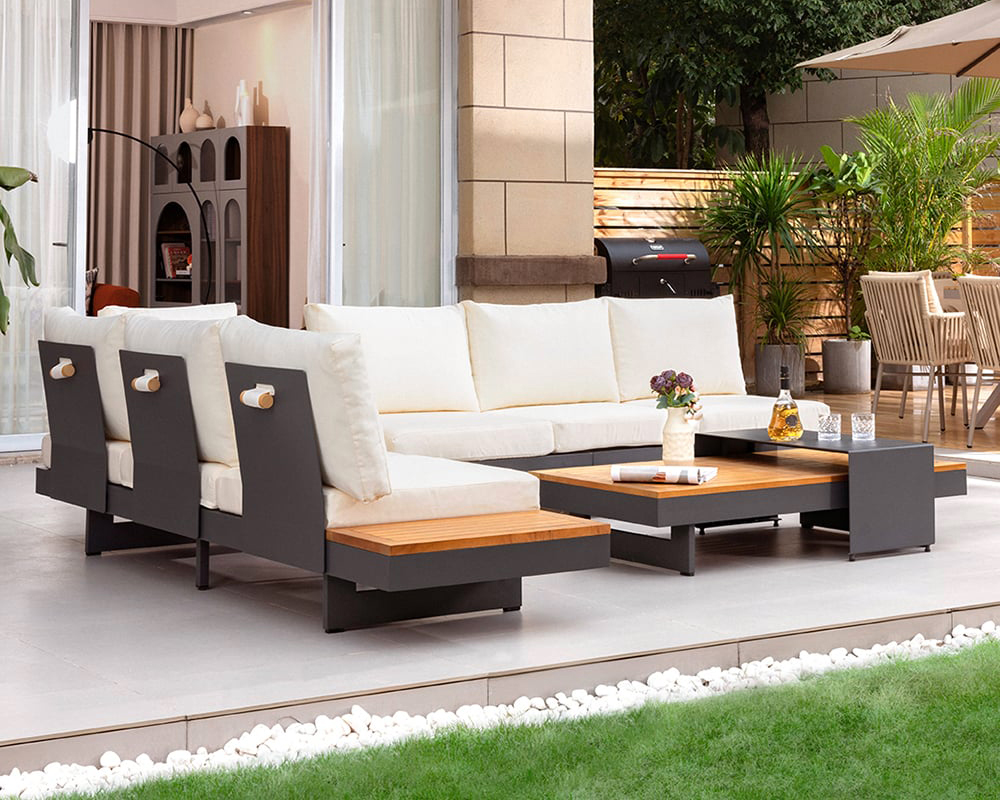 HMR 4-Pieces Modular Aluminum & Teak Outdoor Sofa Set for 6 Person - Beige