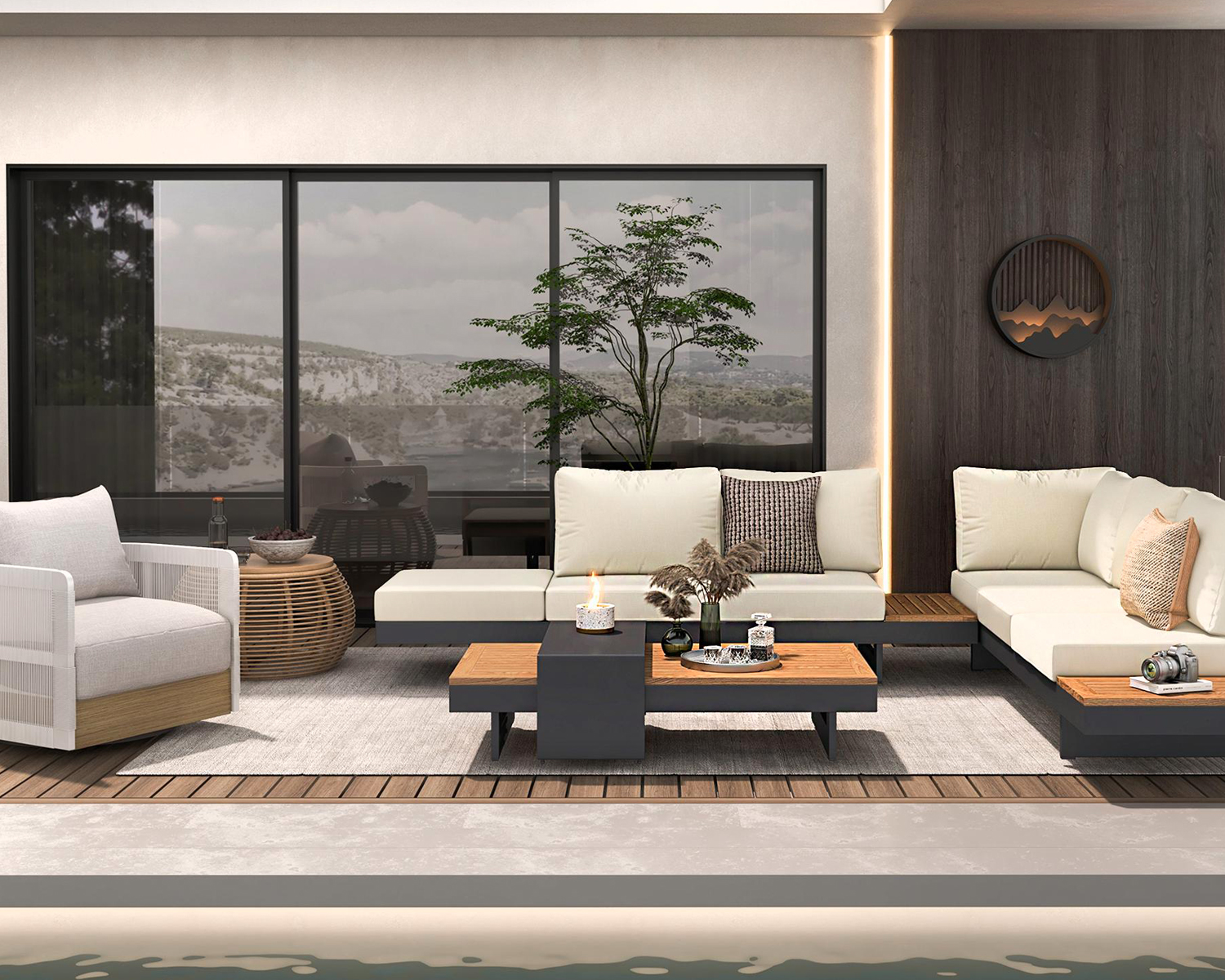 HMR 4-Pieces Modular Aluminum & Teak Outdoor Sofa Set for 6 Person - Beige
