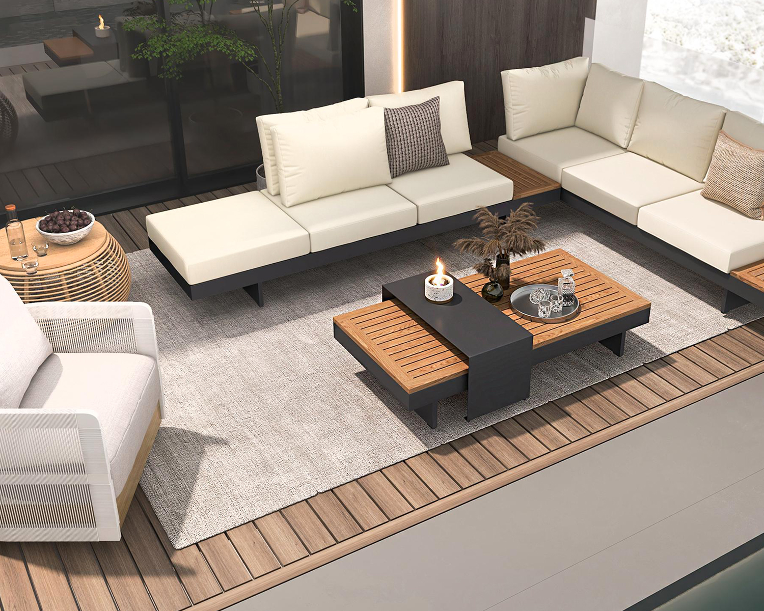 HMR 4-Pieces Modular Aluminum & Teak Outdoor Sofa Set for 6 Person - Beige
