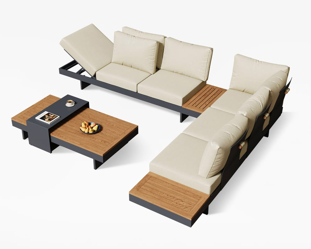 HMR 4-Pieces Modular Aluminum & Teak Outdoor Sofa Set for 6 Person - Beige