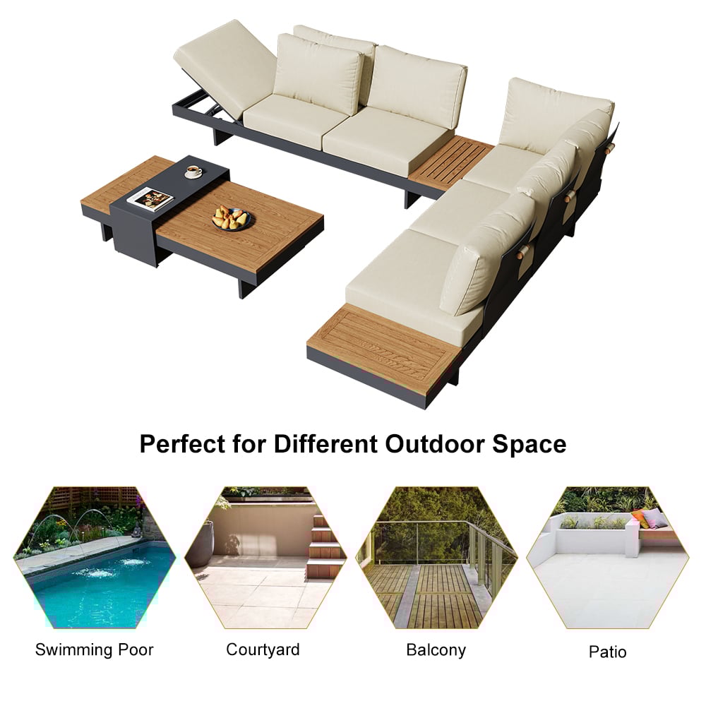 HMR 4-Pieces Modular Aluminum & Teak Outdoor Sofa Set for 6 Person - Beige