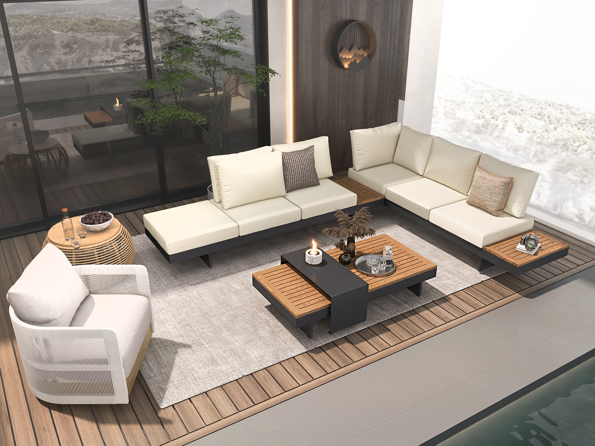 HMR 4-Pieces Modular Aluminum & Teak Outdoor Sofa Set for 6 Person - Beige