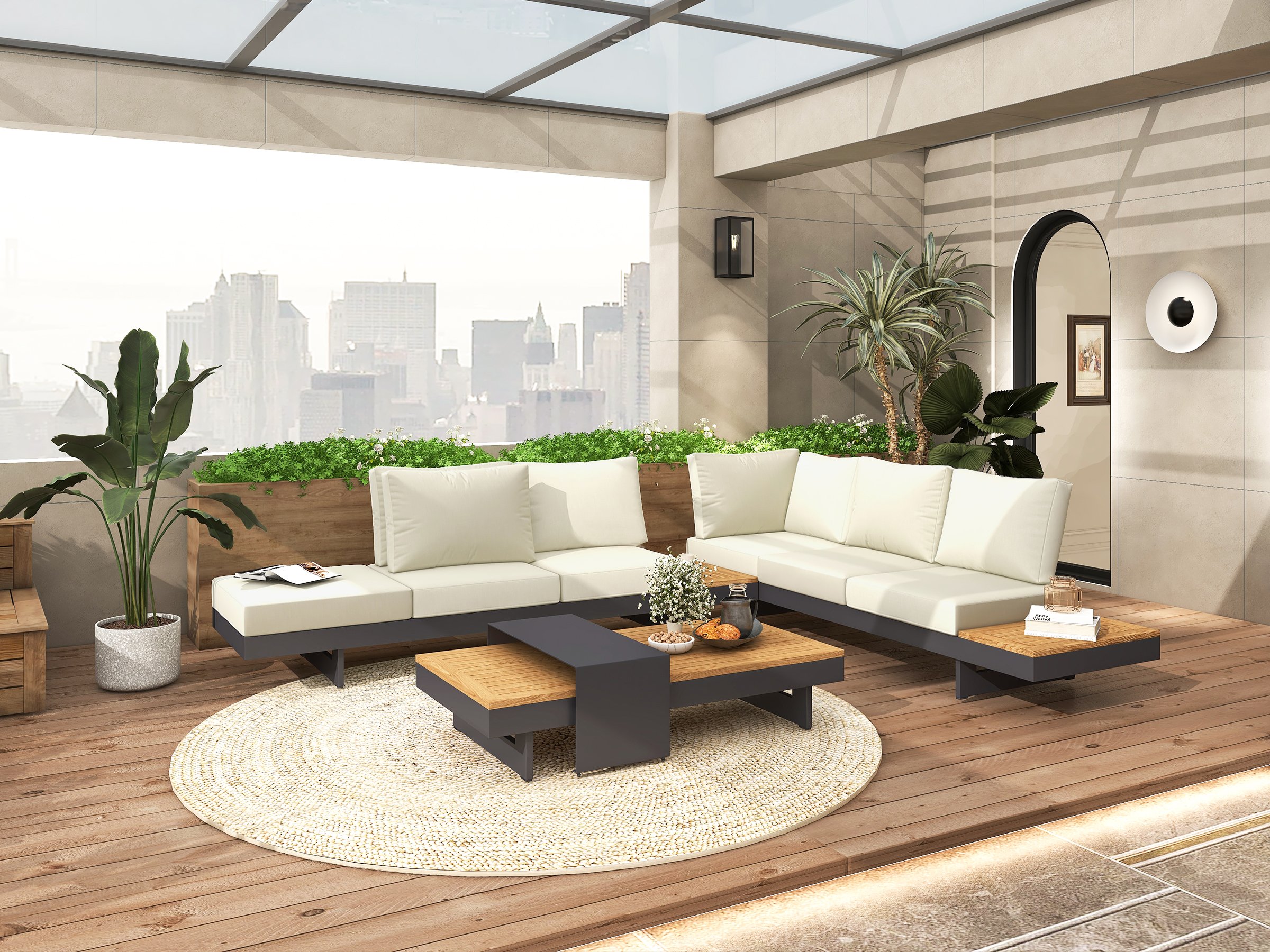 HMR 4-Pieces Modular Aluminum & Teak Outdoor Sofa Set for 6 Person - Beige
