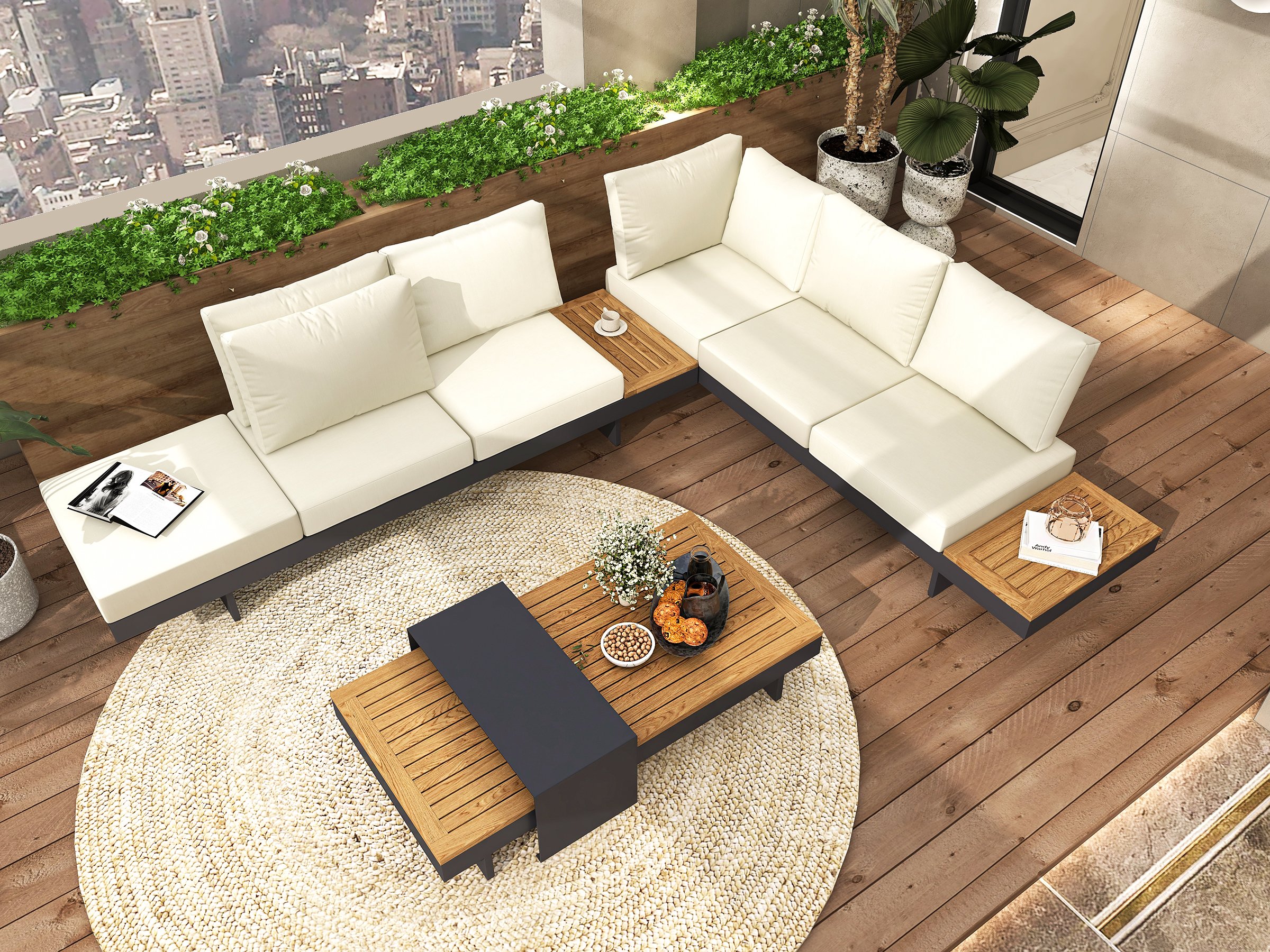 HMR 4-Pieces Modular Aluminum & Teak Outdoor Sofa Set for 6 Person - Beige