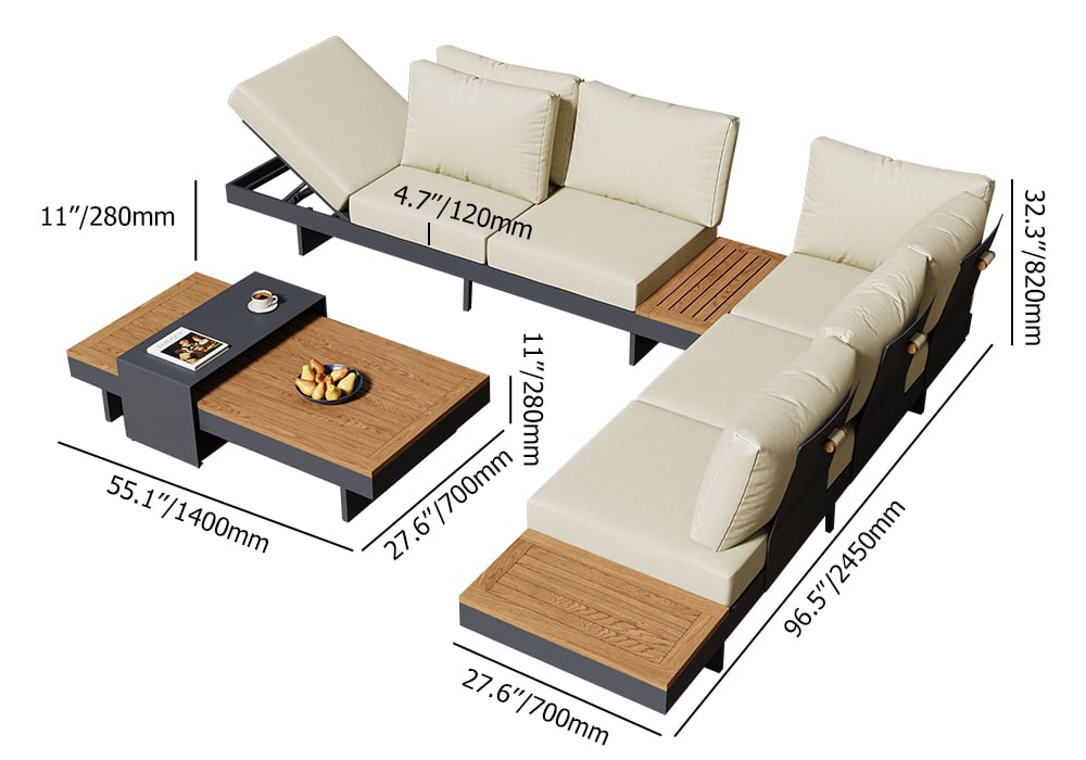 HMR 4-Pieces Modular Aluminum & Teak Outdoor Sofa Set for 6 Person - Beige