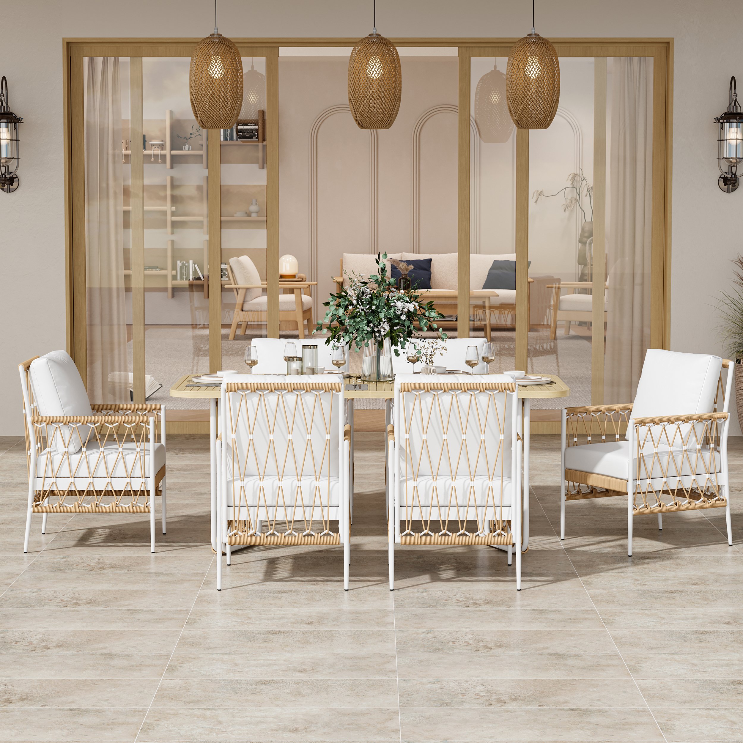 HMR - Ropipe 7-Pieces Woven Rope Outdoor Dining Sofa Set in Khaki & White For 6