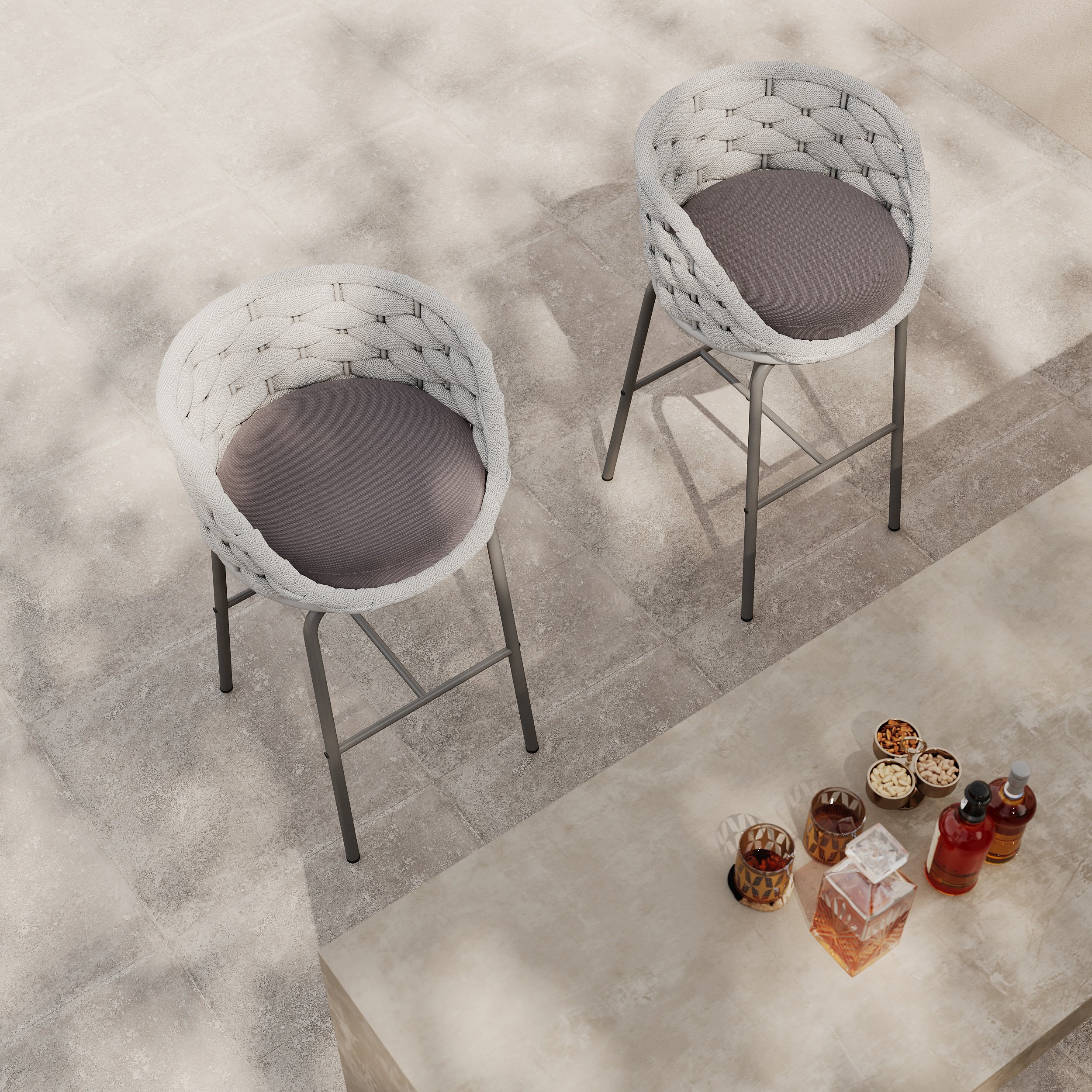 HMR - 2 Pieces Outdoor Chair Patio Woven Rope & Aluminum 38" Bar Stools Set with Backs