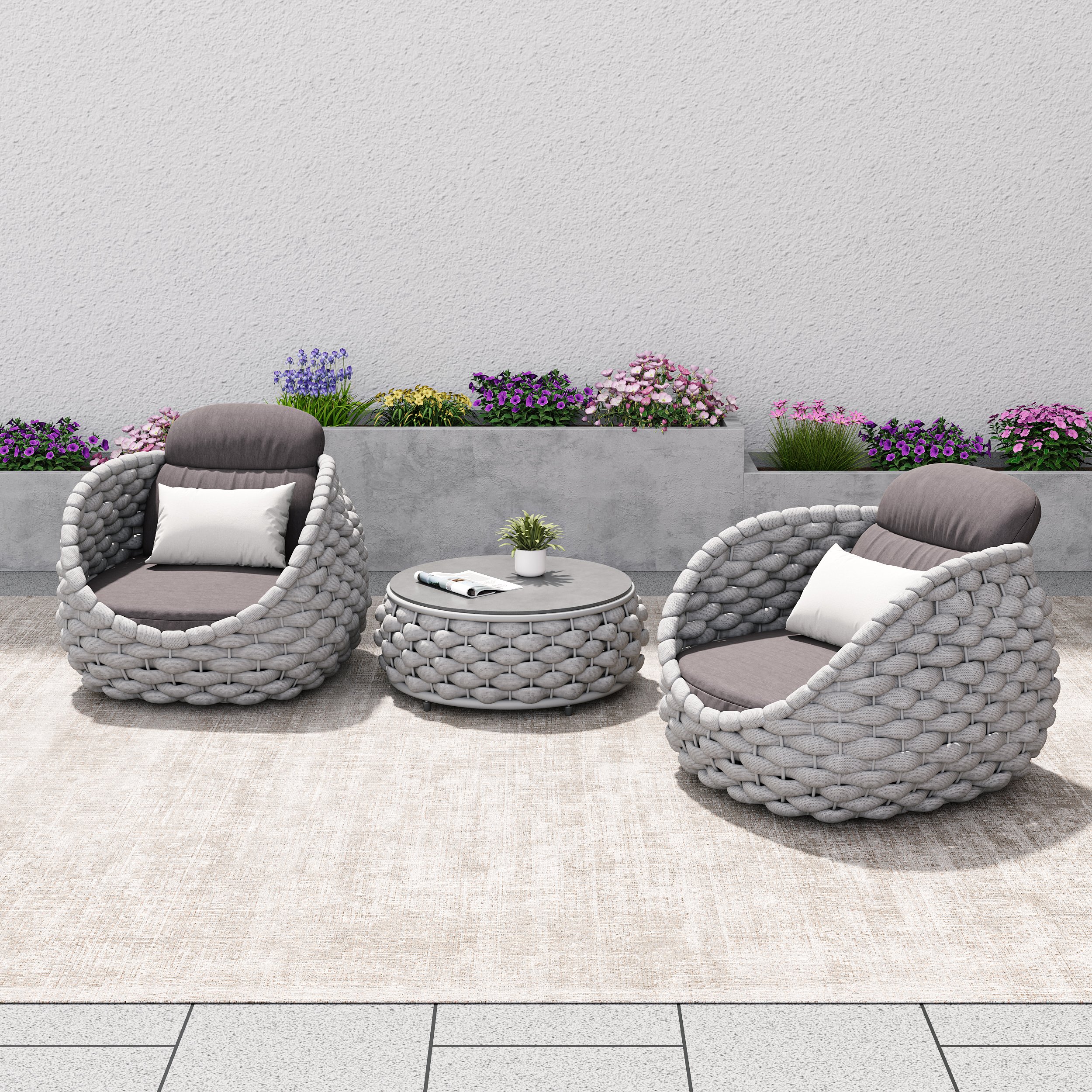 HMR Tatta Woven Rope Outdoor Sofa Set with Faux Mable Top Coffee Table & Rotatable Chair - Gray, 2-Person, Swivel Base