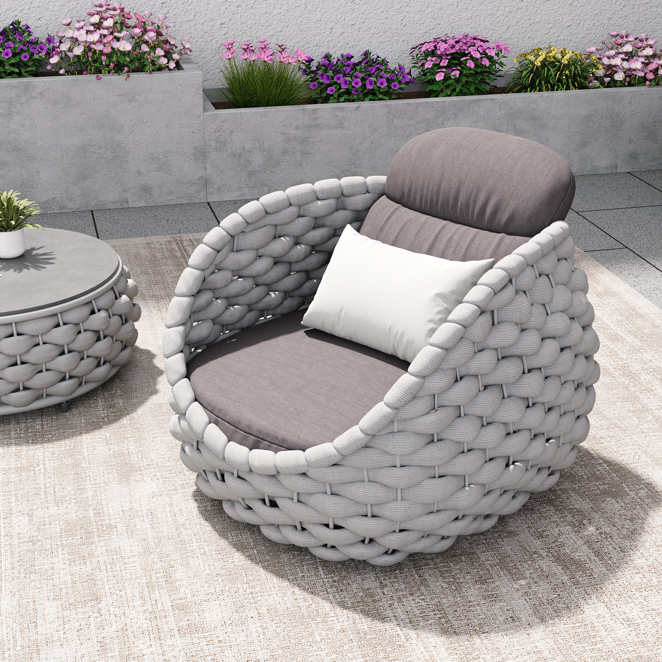 HMR Tatta Woven Rope Outdoor Sofa Set with Faux Mable Top Coffee Table & Rotatable Chair - Gray, 2-Person, Swivel Base