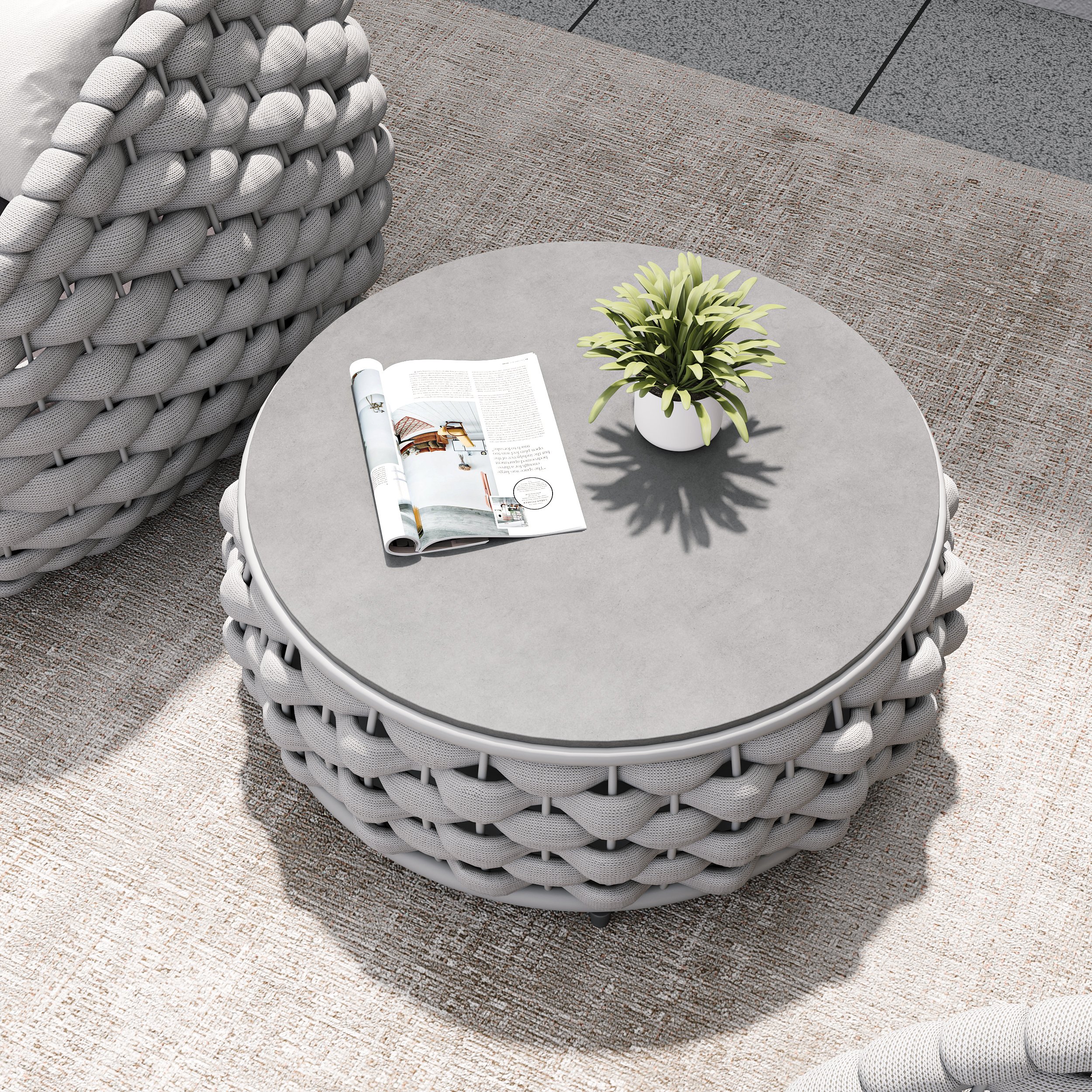 HMR Tatta Woven Rope Outdoor Sofa Set with Faux Mable Top Coffee Table & Rotatable Chair - Gray, 2-Person, Swivel Base