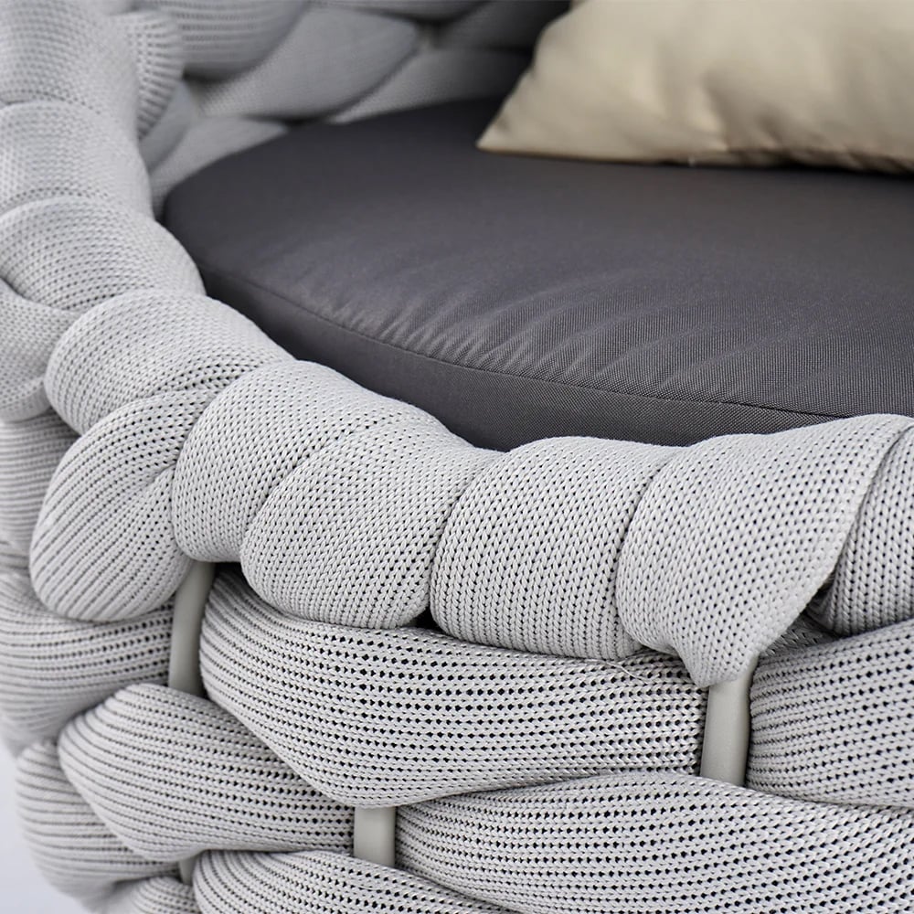 HMR Tatta Woven Rope Outdoor Sofa Set with Faux Mable Top Coffee Table & Rotatable Chair - Gray, 2-Person, Swivel Base