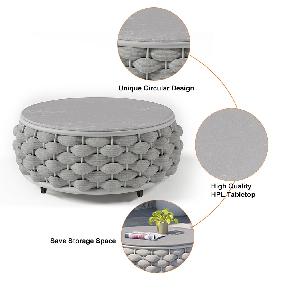 HMR Tatta Woven Rope Outdoor Sofa Set with Faux Mable Top Coffee Table & Rotatable Chair - Gray, 2-Person, Swivel Base