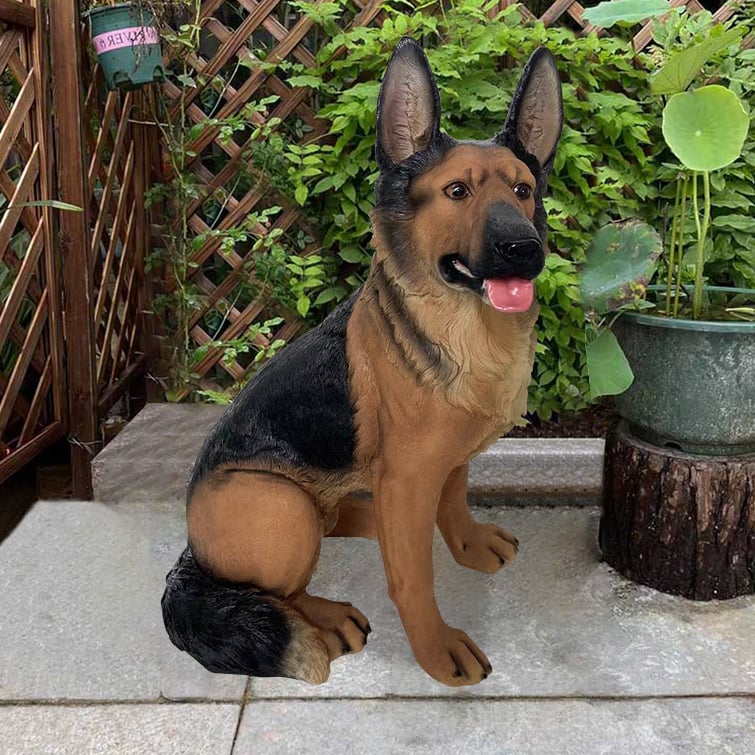 HMR - Outdoor German Shepherd Statue Garden Sculpture Resin Dog Floor Decor in Black & Brown