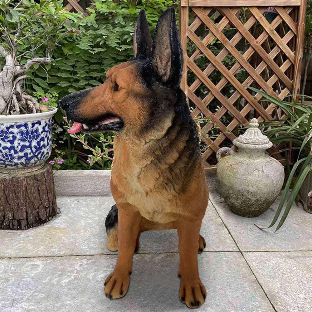 HMR - Outdoor German Shepherd Statue Garden Sculpture Resin Dog Floor Decor in Black & Brown