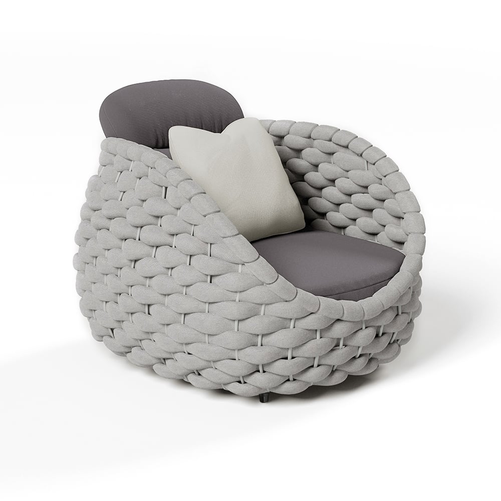 HMR Tatta Woven Rope Outdoor Sofa Set with Faux Mable Top Coffee Table & Rotatable Chair - Gray, 4-Person, Swivel Base