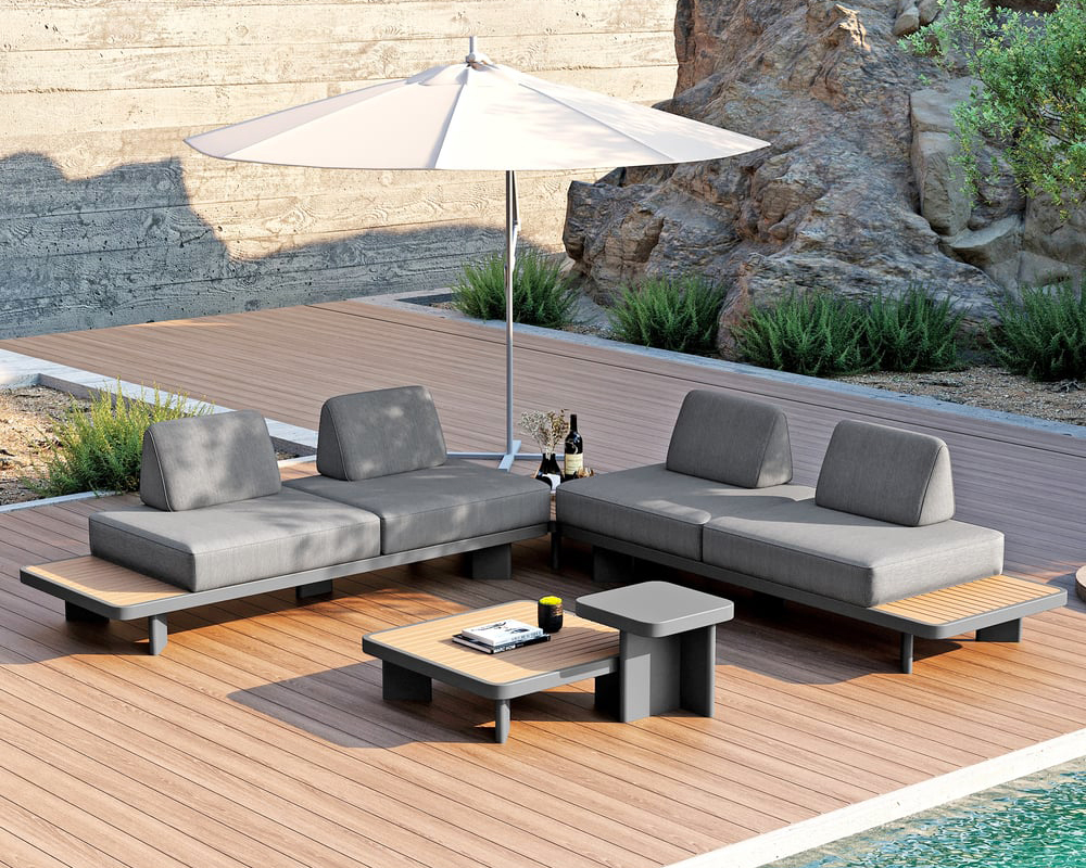 HMR 5-Pieces Outdoor Modular Sectional Sofa Set with Coffee Tables - Gray
