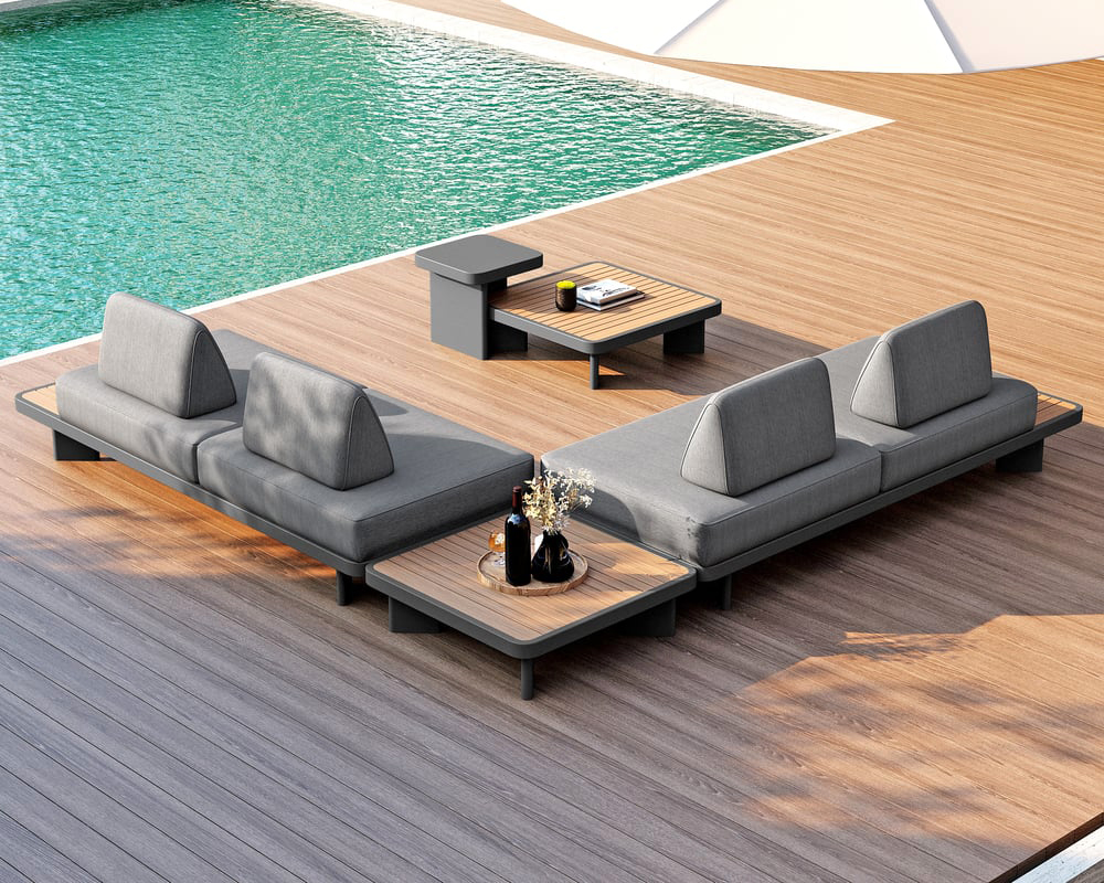 HMR 5-Pieces Outdoor Modular Sectional Sofa Set with Coffee Tables - Gray