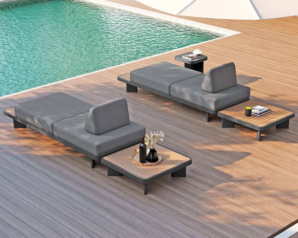 HMR 5-Pieces Outdoor Modular Sectional Sofa Set with Coffee Tables - Gray