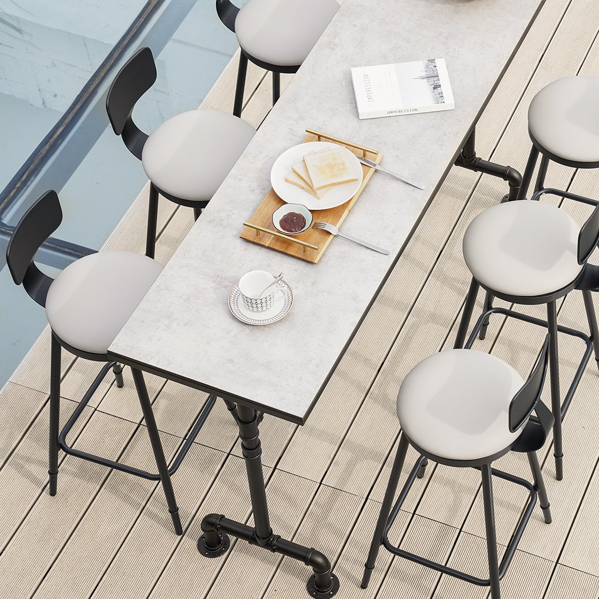 HMR - 7-Pieces Industrial Metal Outdoor Patio Bar Dining Set with Rectangle Table and Chairs