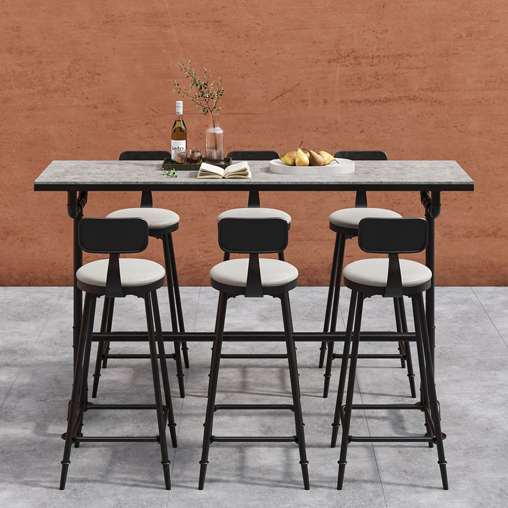 HMR - 7-Pieces Industrial Metal Outdoor Patio Bar Dining Set with Rectangle Table and Chairs