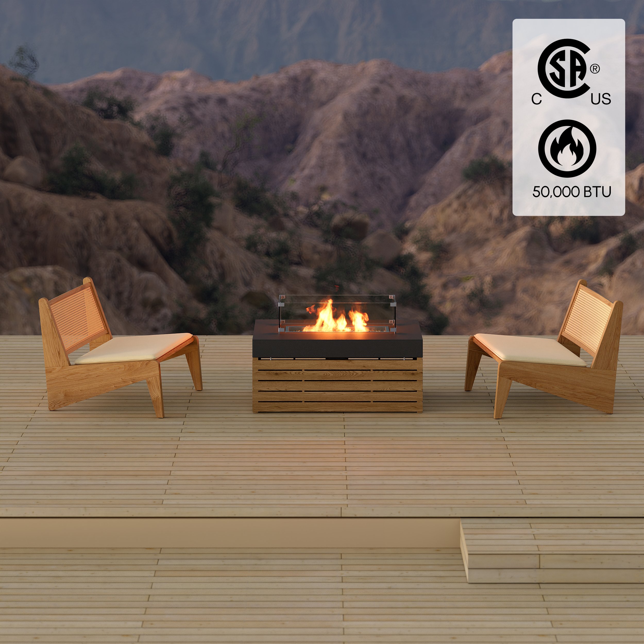 HMR - Boho Style Outdoor Aluminium Alloy & PE Rattan Chairs & Propane Gas Fire Pit Table