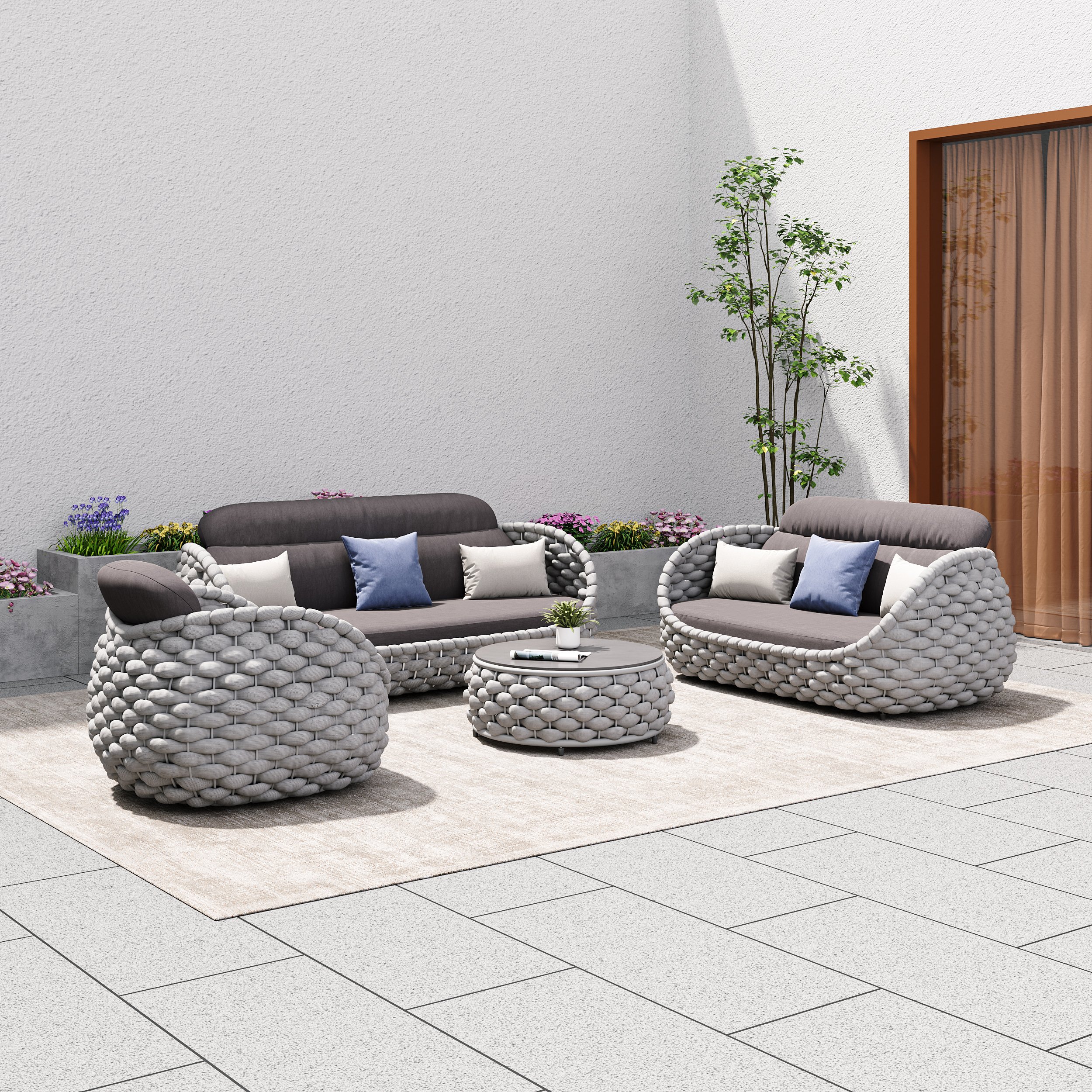 HMR Tatta Woven Rope Outdoor Sofa Set with Faux Mable Top Coffee Table & Rotatable Chair - Gray, 6-Person, Fixed Base