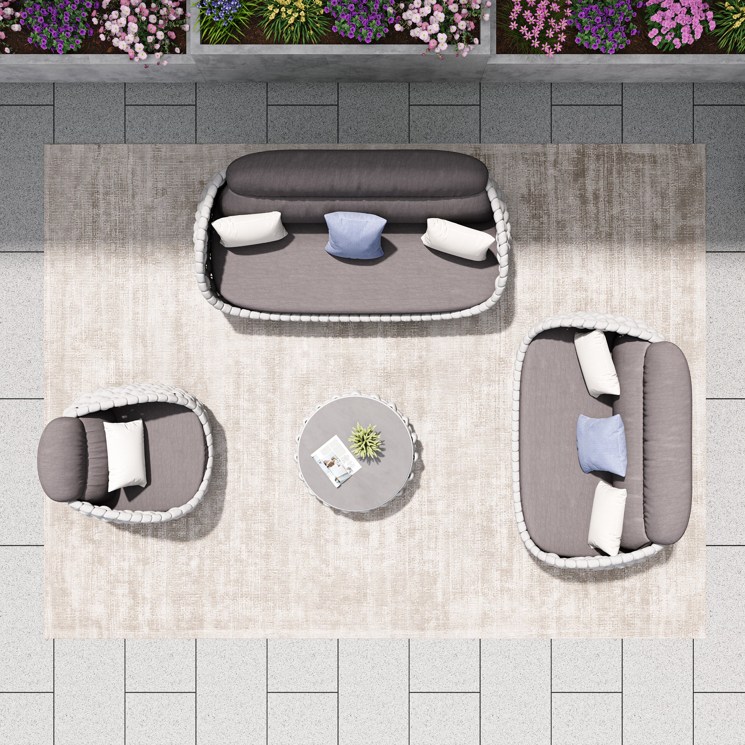 HMR Tatta Woven Rope Outdoor Sofa Set with Faux Mable Top Coffee Table & Rotatable Chair - Gray, 6-Person, Fixed Base