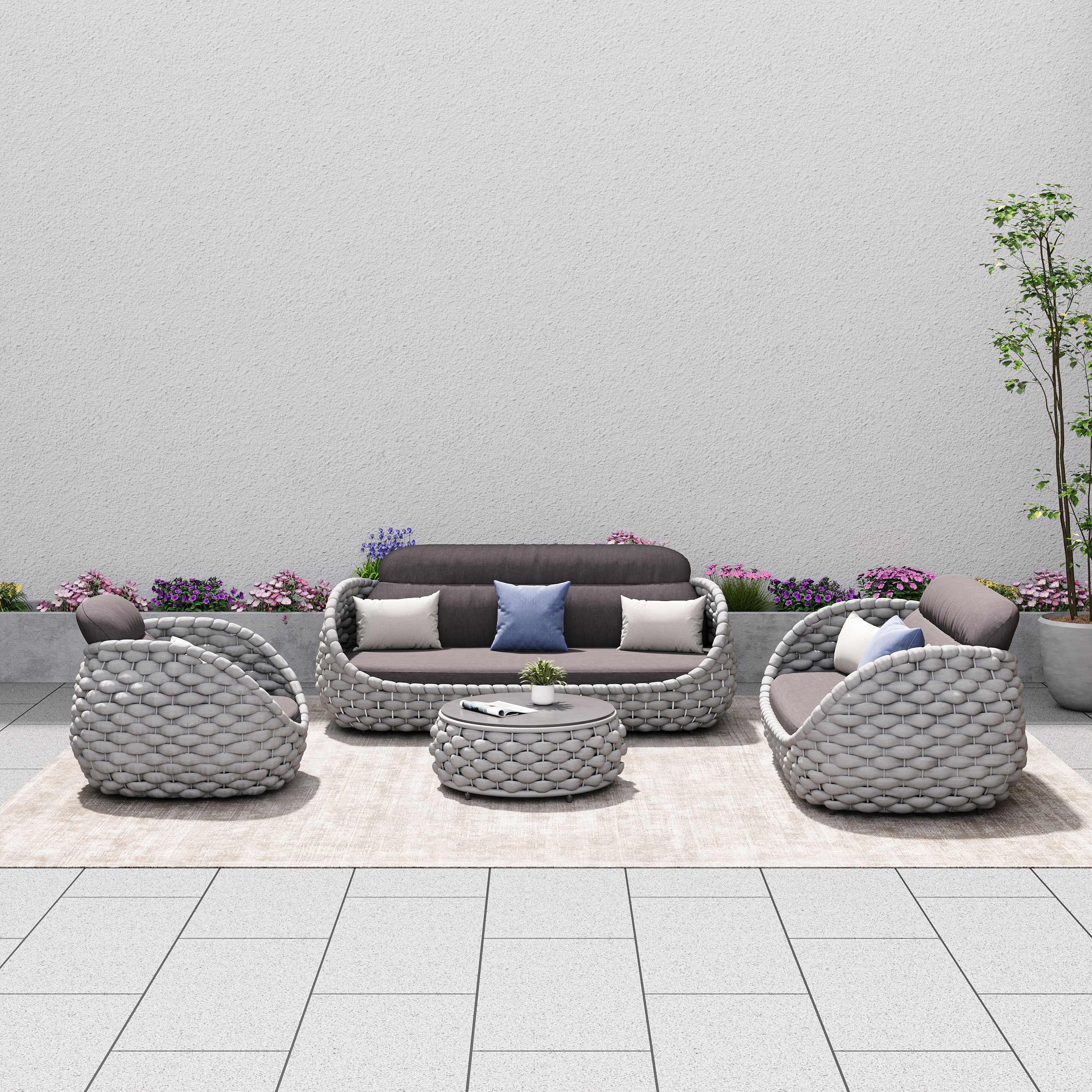 HMR Tatta Woven Rope Outdoor Sofa Set with Faux Mable Top Coffee Table & Rotatable Chair - Gray, 6-Person, Fixed Base