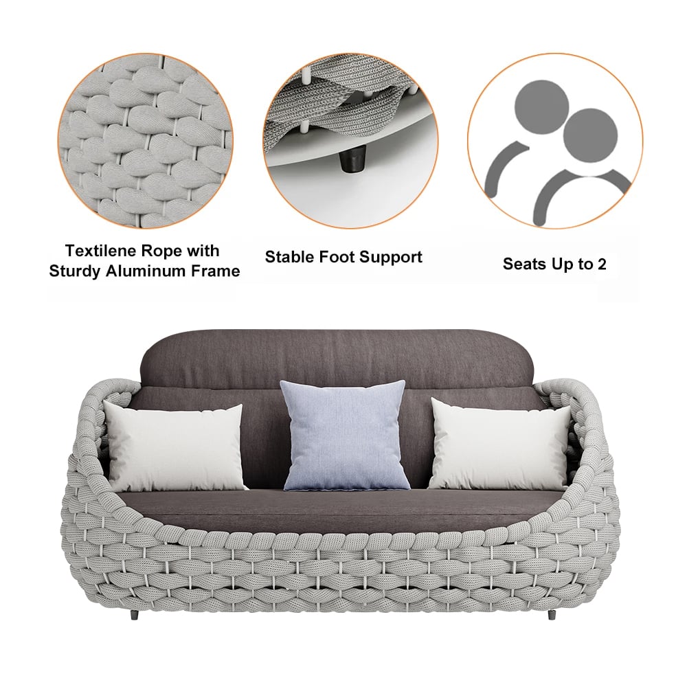 HMR Tatta Woven Rope Outdoor Sofa Set with Faux Mable Top Coffee Table & Rotatable Chair - Gray, 6-Person, Fixed Base