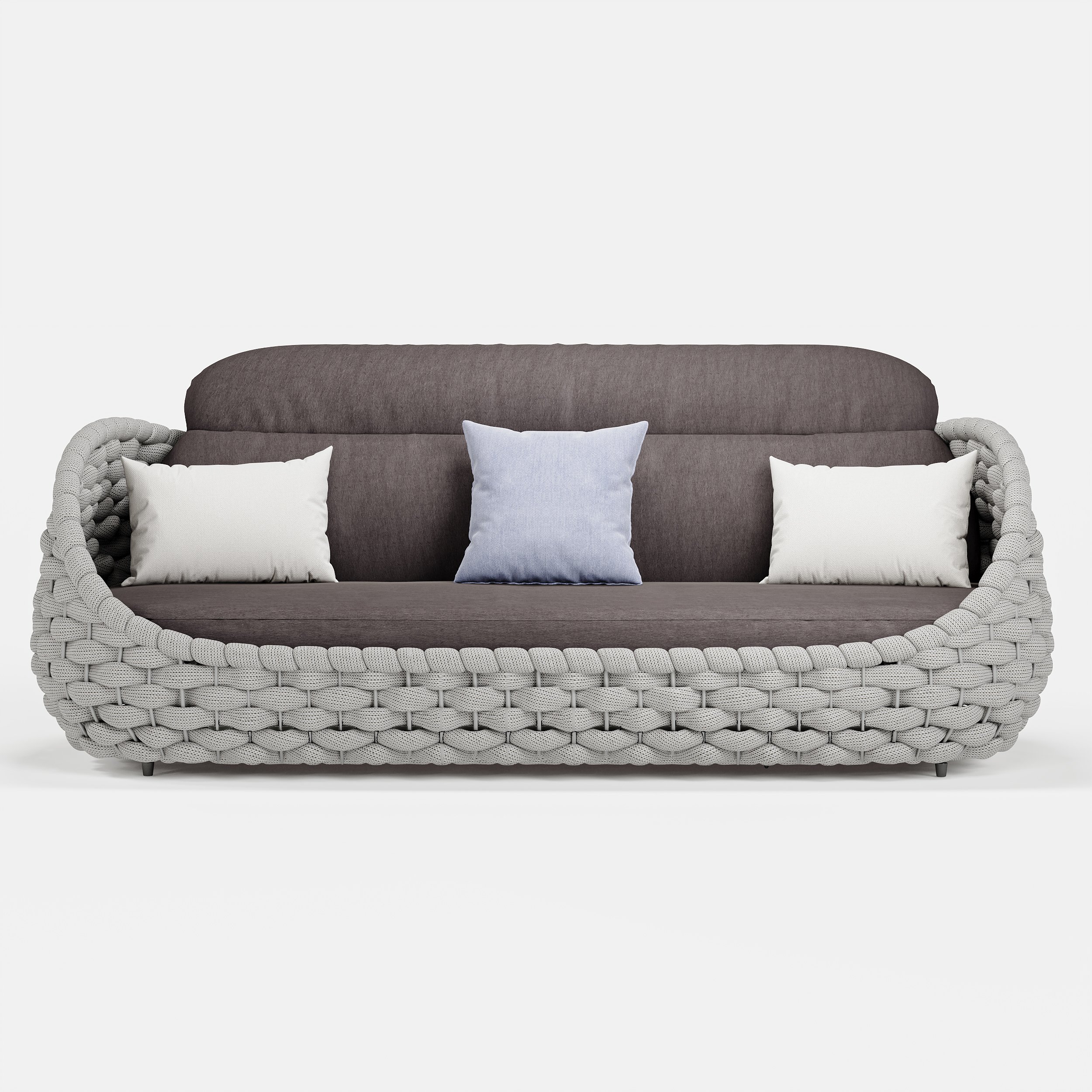 HMR Tatta Woven Rope Outdoor Sofa Set with Faux Mable Top Coffee Table & Rotatable Chair - Gray, 6-Person, Fixed Base