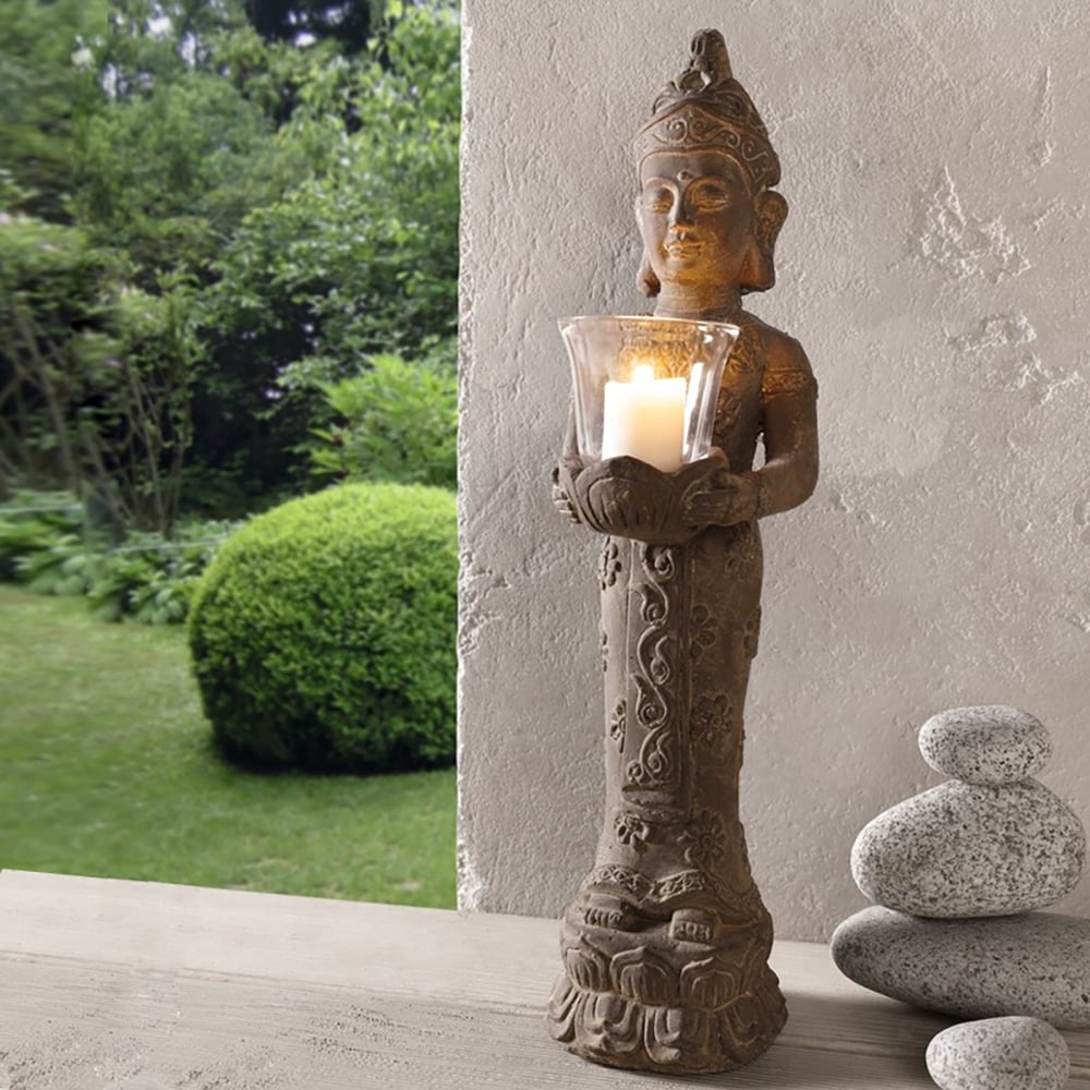 HMR - 21.9" Brown Resin Garden Buddha Statue With Candle Holder Outdoor Sculpture Decor Art