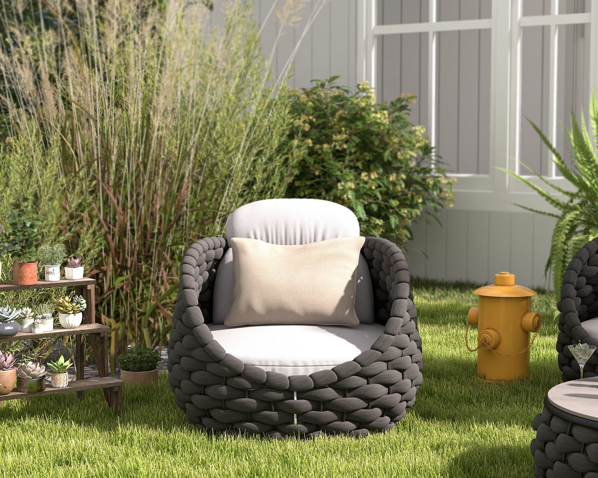 HMR Tatta Modern Woven Rope Outdoor Armchair with Removable Cushion - Gray & Black, Swivel Base