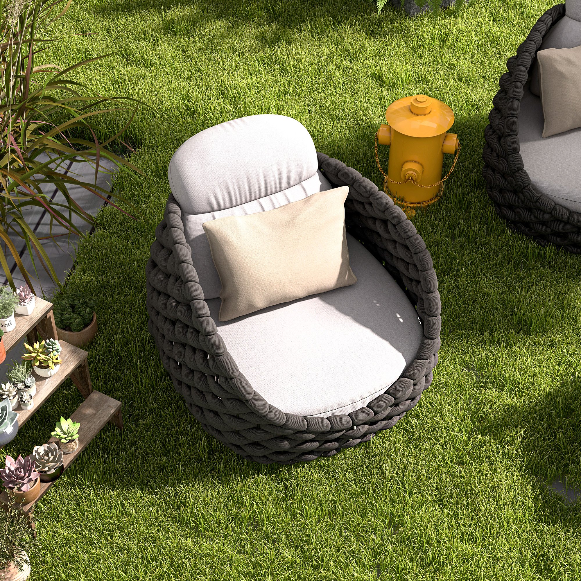 HMR Tatta Modern Woven Rope Outdoor Armchair with Removable Cushion - Gray & Black, Swivel Base