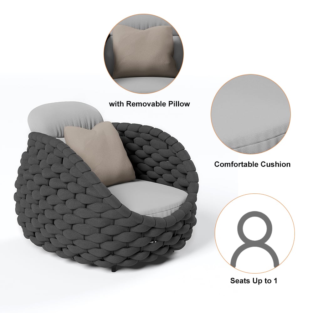 HMR Tatta Modern Woven Rope Outdoor Armchair with Removable Cushion - Gray & Black, Swivel Base
