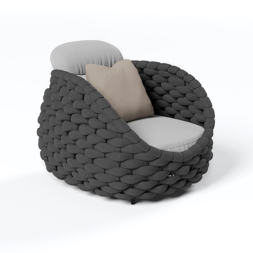 HMR Tatta Modern Woven Rope Outdoor Armchair with Removable Cushion - Gray & Black, Swivel Base