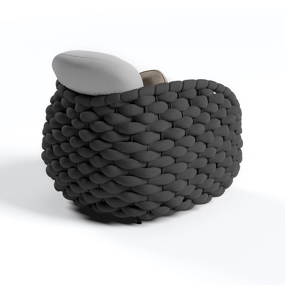 HMR Tatta Modern Woven Rope Outdoor Armchair with Removable Cushion - Gray & Black, Swivel Base